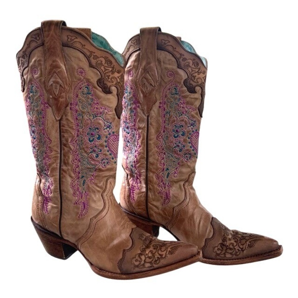 Corral C1608 Embroidered Cowgirl Boots 8.5 Sand Leather Heart Floral Western